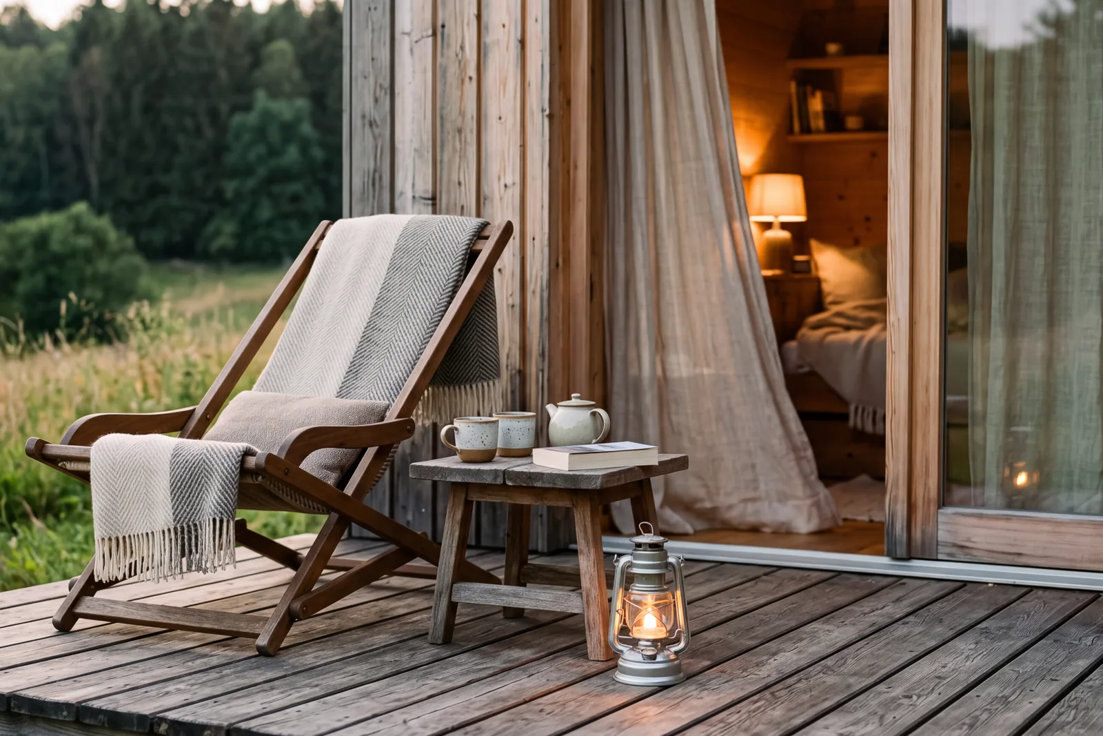 Holzterrasse mit Liegestuhl, Wolldecke und Laterne vor offener Schiebetür am Abend