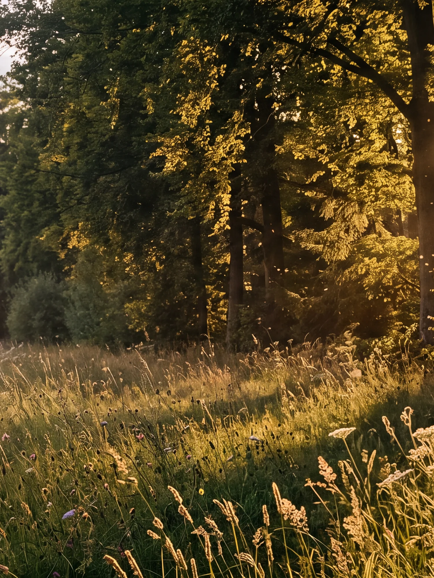 Blühende Sommerwiese am Waldrand im Abendlicht